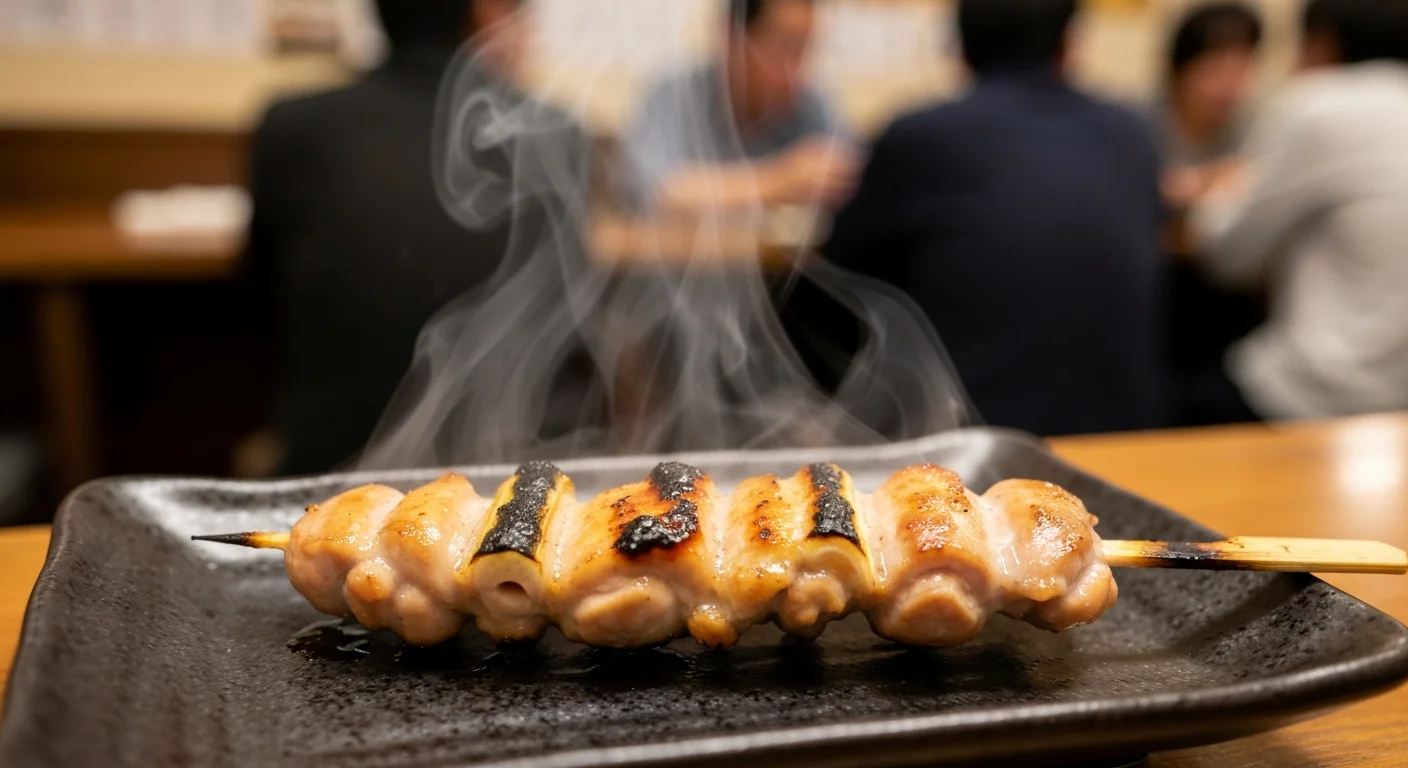 皿に盛り付けた照りのある焼き鳥を斜め上から撮った料理写真