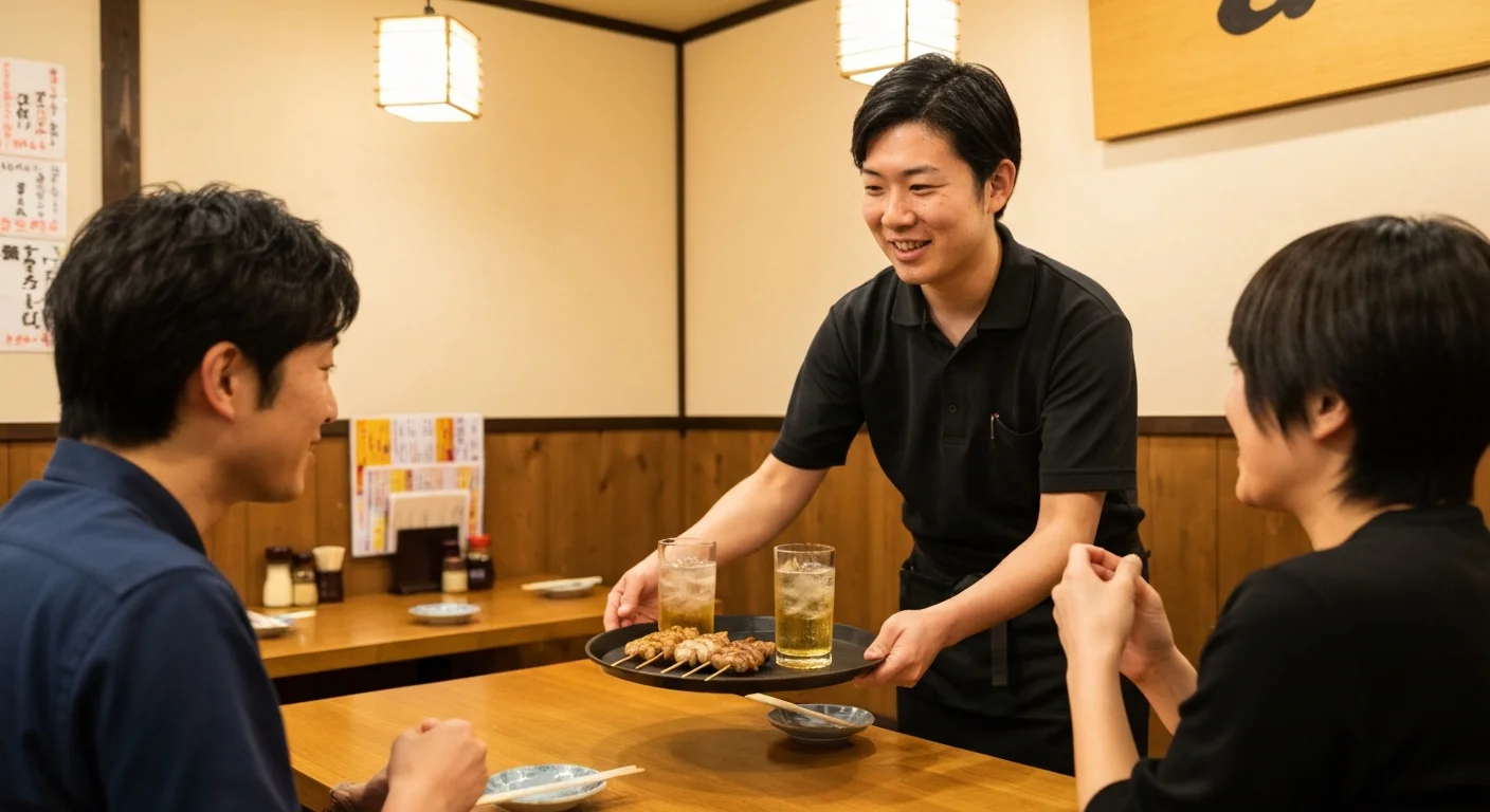 木のテーブル席で料理を運びながらお客様に応対するスタッフ