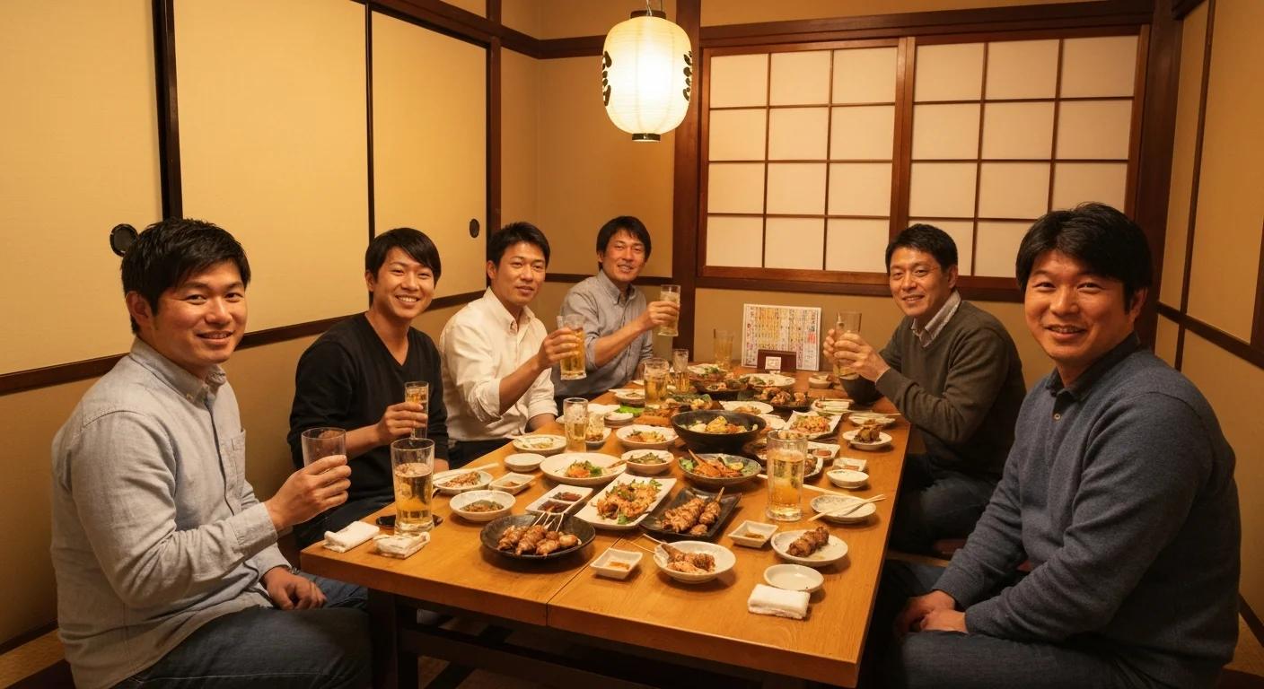 料理が並んだテーブルを囲んで乾杯する個室宴会の様子