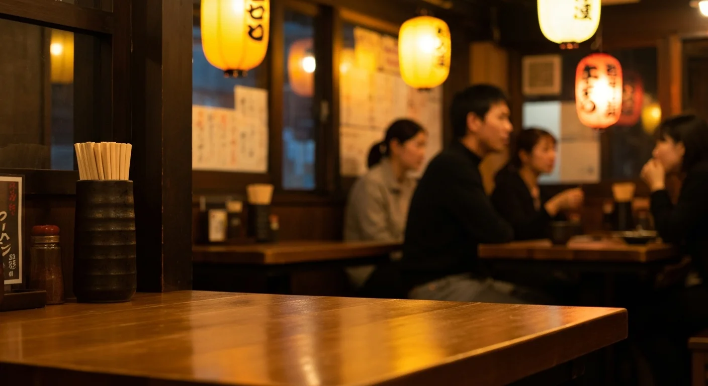 照明に照らされたテーブル席が続く夜の居酒屋店内