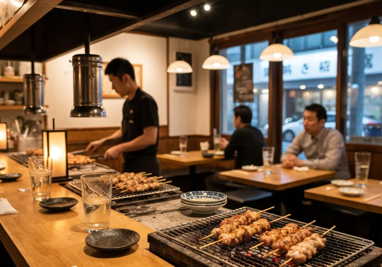夜の店内のカウンターに置かれたグラスと小皿料理
