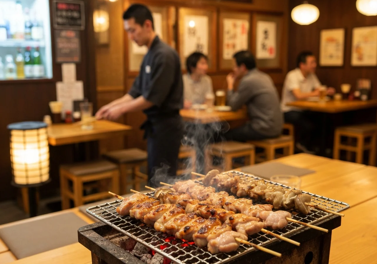 炭火で焼き上げた鶏もも肉の串を皿に並べた料理