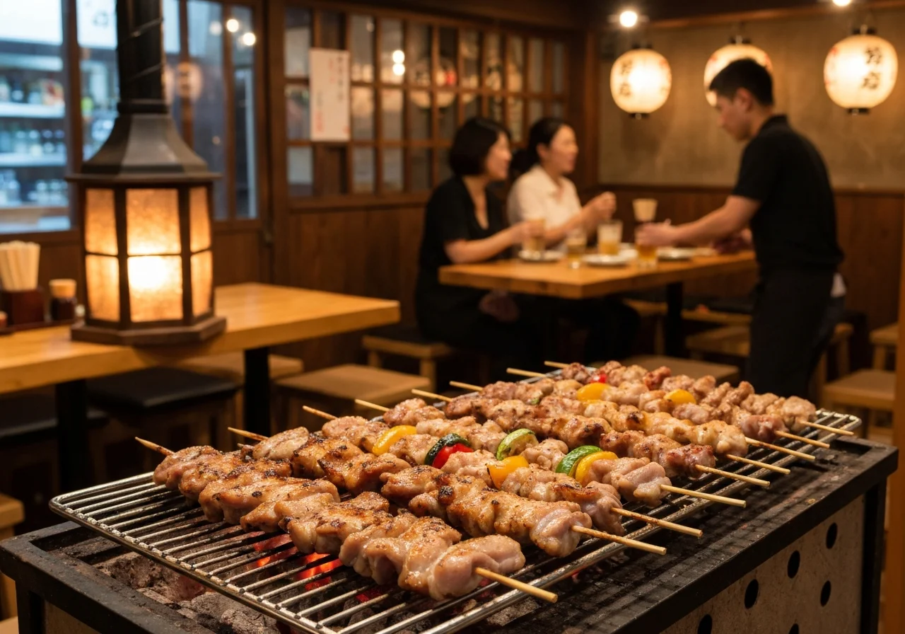 焼き鳥と薬味を木の皿に盛り付けた季節の盛り合わせ