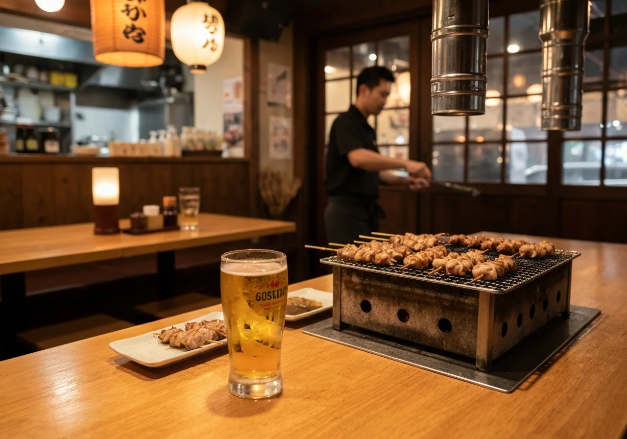 焼き鳥と揚げ物を大皿に盛り付けた居酒屋の料理